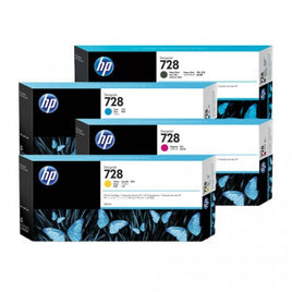 4 x Genuine HP 728MBK (300mL) + HP 728 CMY Colour (130mL) Ink Cartridge 3WX30A, F9J65A - F9J67A